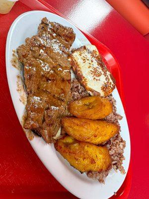 Steak, fried cheese, rice & beans with plantains. Highly recommend