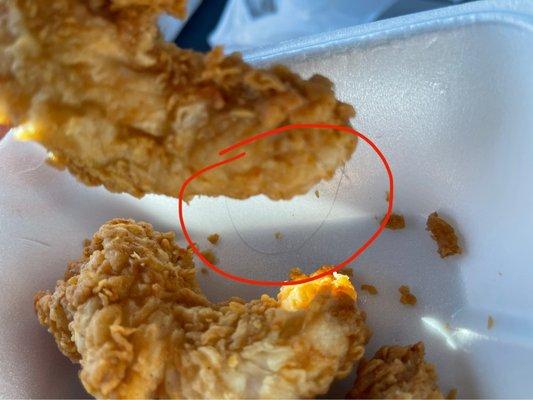 Long black hair in my chicken finger (intertwined into the meat)