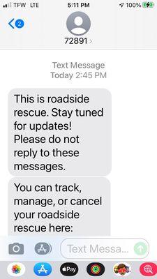 Text from Allstate Roadside Assistance.