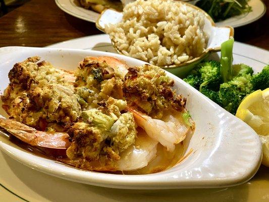 Baked Stuffed Shrimp with a side of rice and broccoli