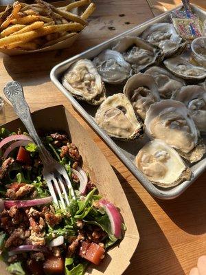 Side salad, oysters, fries