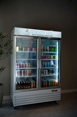 Our merch fridge that houses, snacks and drinks, there is something for everyone!