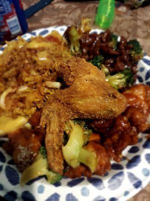 Chicken wings, with chicken fried rice, with beef and broccoli.