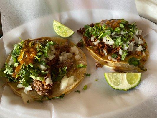 Street Tacos - Carnitas (L) and Chorizo (R)