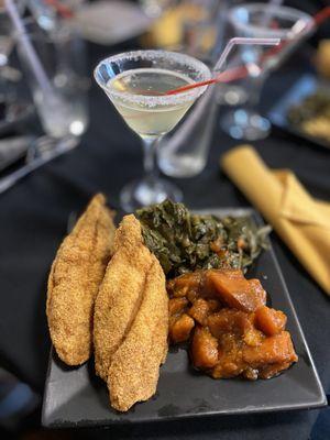 Fried catfish, sweet potatoes and greens.