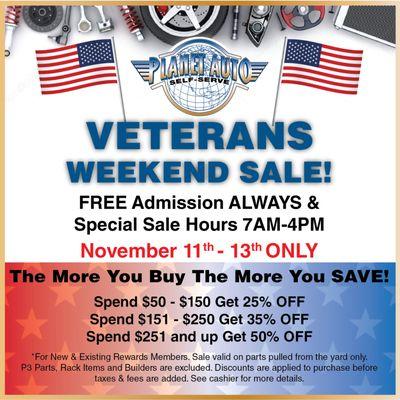 Special Sale Announcement!  Join Planet Auto from Friday 11/11 through Sunday 11/13 for a Massive Veterans Weekend Sale!