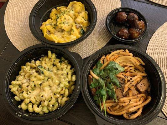 Japanese Pan Noodles, Pesto Cavatappi, Roasted Garlic Cream Tortelloni, Korean BBQ Meatballs