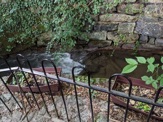 The Town Run river passes through the wooded outdoor seating area.