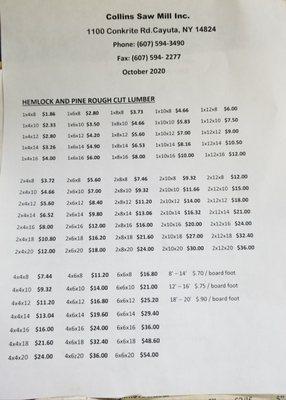 Price sheet