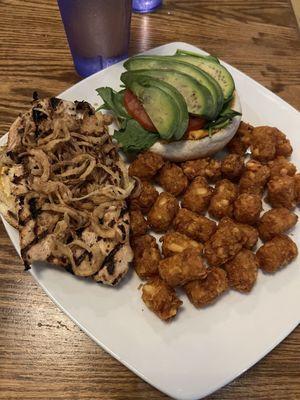 California Burger with a giant grilled chicken breast but sadly, overcooked Tater Tots and spoiled avocado (both issues were corrected).