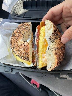 Bacon and egg on everything bagel