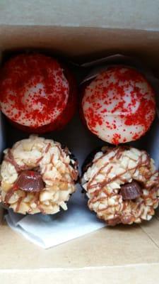 Mini cupcakes offered at the Caribou Coffee inside. Red Velvet and Reeses Peanut Butter chocolate.