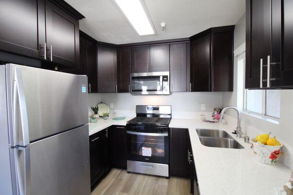 Modern kitchen with abundant counter space and upgraded appliances