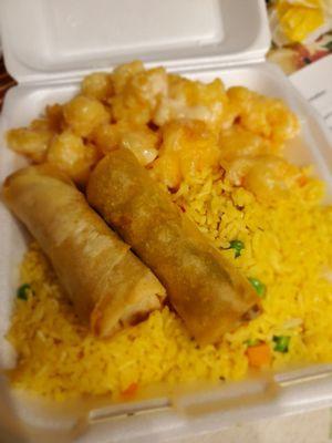 Dinner special with fried rice, spring rolls and double order Sunkist prawns.