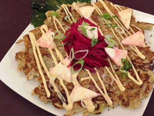 Savory Japanese-style pancake with house made Kewpie mayo & jujube hoisin and pickles