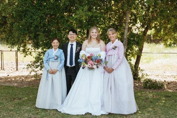 Our beautiful mothers in their matching hanbok! They both said they felt so beautiful and enjoyed wearing them for our wedding day~