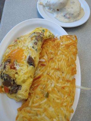 Veggie omelet, biscuits and gravy