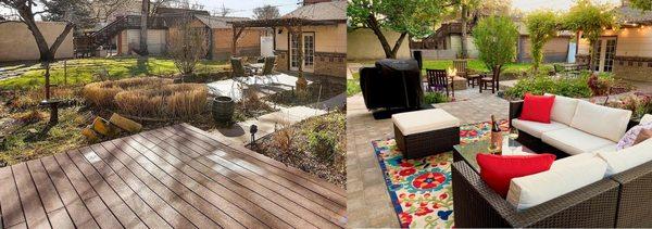 Before and After - Warped decking removed for paver patio