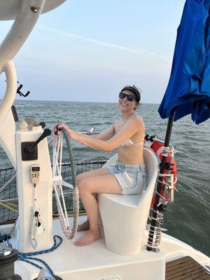 Sunset sailing onboard, private charters aboard Seas Life Sailing charters in Folly Beach. Call today to book your dolphin boat rental sail.