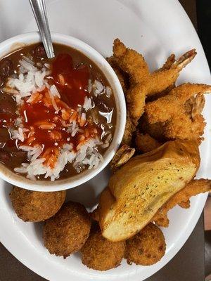 Fried shrimp hush puppies red beans and rice