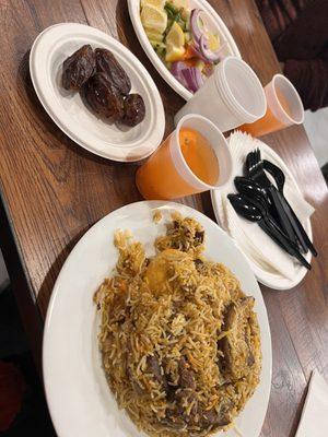 Kacchi Biriyani, dates and juice