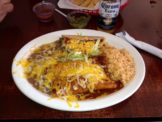 Two Ground Beef Enchiladas and one Ground Beef Taco.