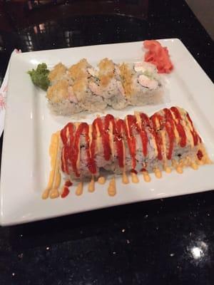 Near- spicy California roll back- Oklahoma roll with crunches