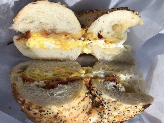 Bacon, egg, and cheese on an everything bagel.