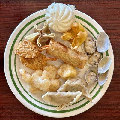 Coconut Shrimp, Fried Shrimp, Potsticker, Dim Sum, Spring Roll, Crab Rangoon, Steamed Bun, & Clams