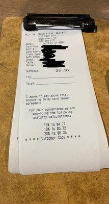 Extremely poor service, and a Interesting way to compensate for potential losses in a tip from bad service you provided.