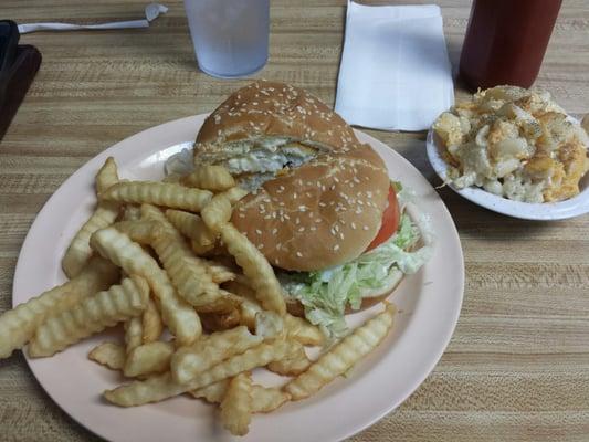 Fish sandwich with fries and mac and cheeses. Looks great!