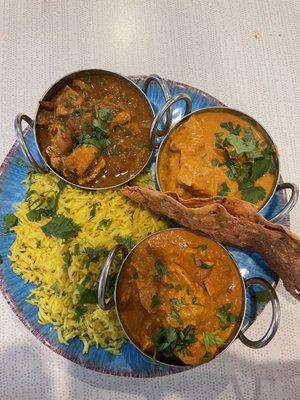 Curry trio (chicken curry, tikka masala, butter chicken)