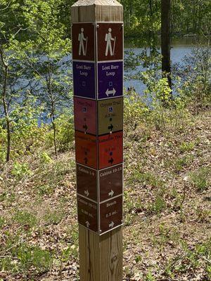 Trails are well marked. Colors on these signs match blazes on trees.