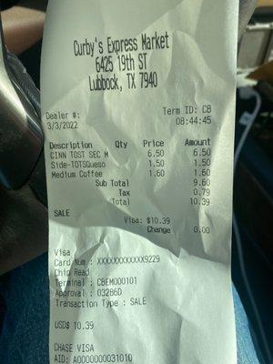 Receipt from Curby's. Example of dishonest drive thru marketing. Ordered combo priced at $8.50 at drive thru speaker