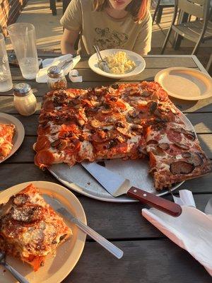 Sicilian pizza, pepperoni and sausage