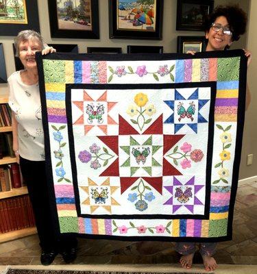 Quilt with embroidered butterflies I made at Mel's.