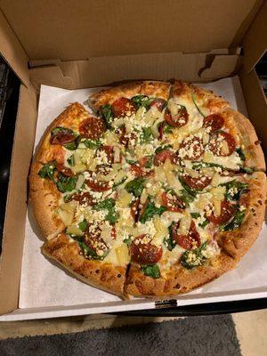 Scott's Special - Pepperoni, feta, garlic, spinach, tomato, pineapple - LEGENDARY