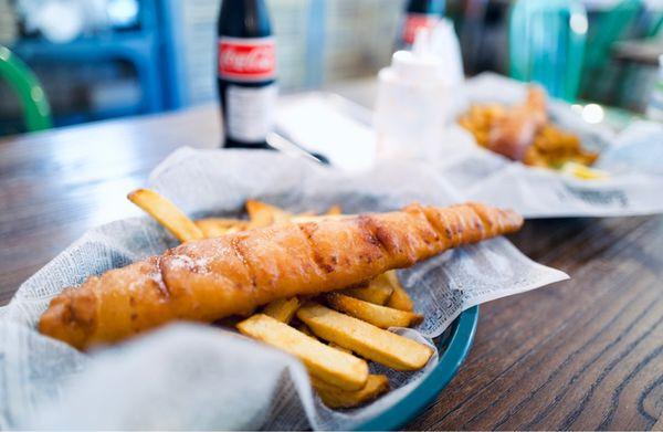 Fish & chips, w/ bottles of coke.