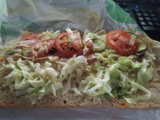 The worst Subway ever! This is a foot long 3 tomatoes 4 pickles and I asked for extra The service was poor long sleeves on no uniform