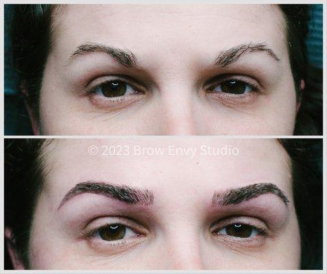 Microbladed and powder brows to give fullness and fix brow shape where hair was lacking.