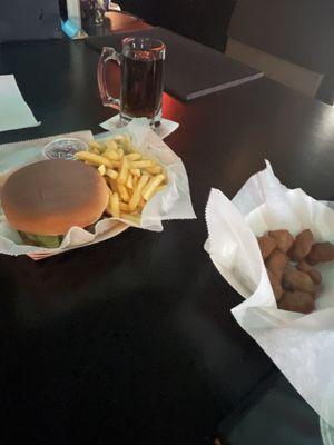 Burger and fries, fried corn nuggets