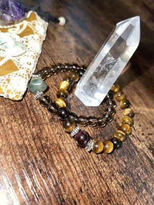 Crystal quartz tower, smokey quartz and moss agate bracelet, tiger eye and amethyst bracelet