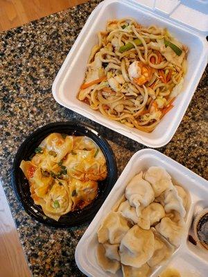 Combination Chow Mein ($12.95), Szechuan Spicy Wontons ($9.95) & Pork and Scallion Dumplings ($10.95)