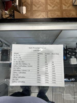 Price list for iPhones