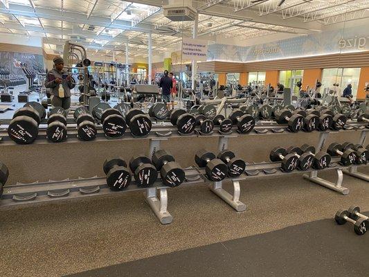 Weights missing from the racks because they are all over the floor. They aren't in the proper order.