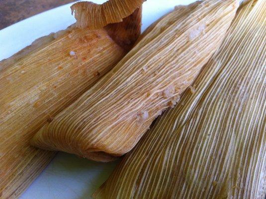 Tamales -- thinner and longer than others we've tried, with a great balance of masa to filling.