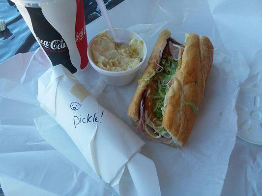 7 inch turkey ham and roast beef with potato salad and pickle