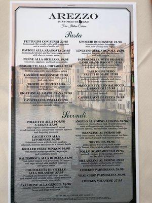 Menu for entrees