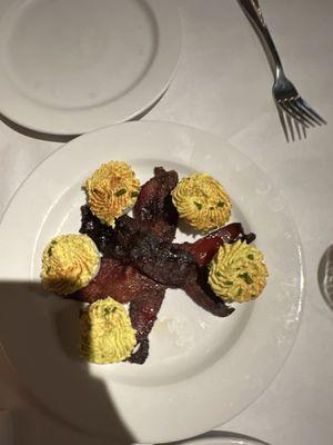 Millionaire bacon and deviled eggs. Delicious