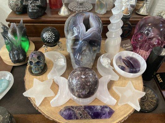 Crystal skulls and altar pieces.